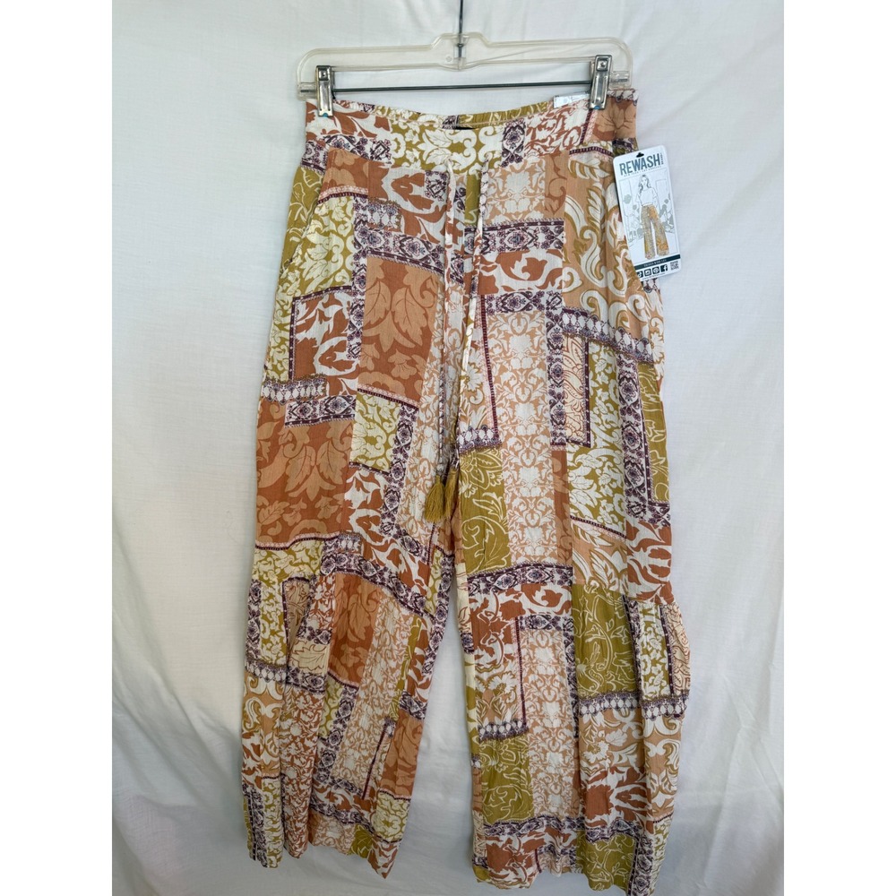 Rewash Womens Patchwork Floral Wide Leg Pants Mustard Rust Boho Size M NEW